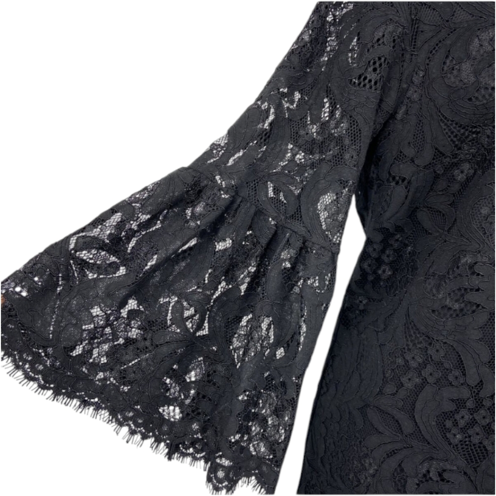 CeCe Cynthia Steffe Black Lace Floral Shift Dress 3/4 Bell Sleeves, Sz 6